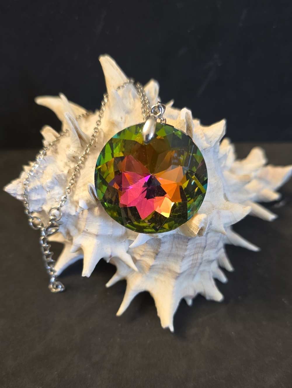 Multicolor Crystal Pendant Necklace - Vibrant Green & Pink Colorful Playful